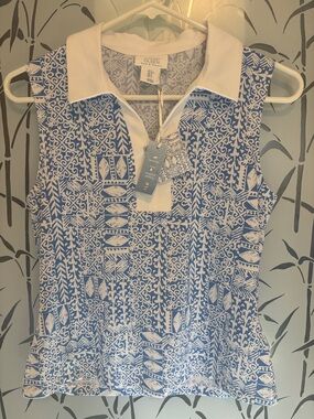 Sigrid Olsen White-Collared Blue & White Printed Sleeveless Polo Tank